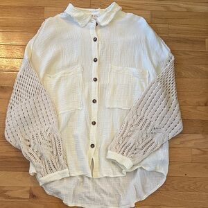 POL Cream Button-Up Shirt with Knit Sleeves